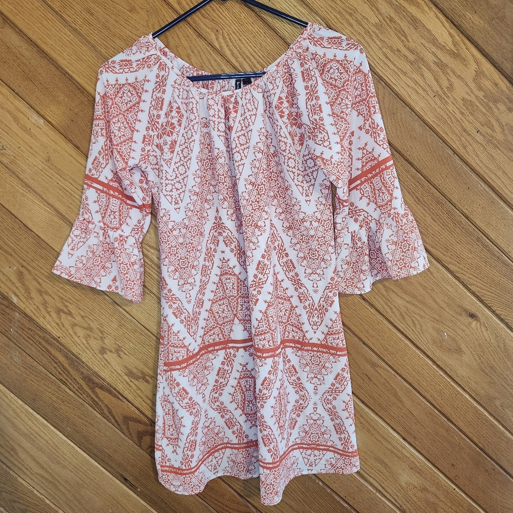 Heartsoul Bohemian Geometric Print Medium Red Orange And White Bell Sleeve Top